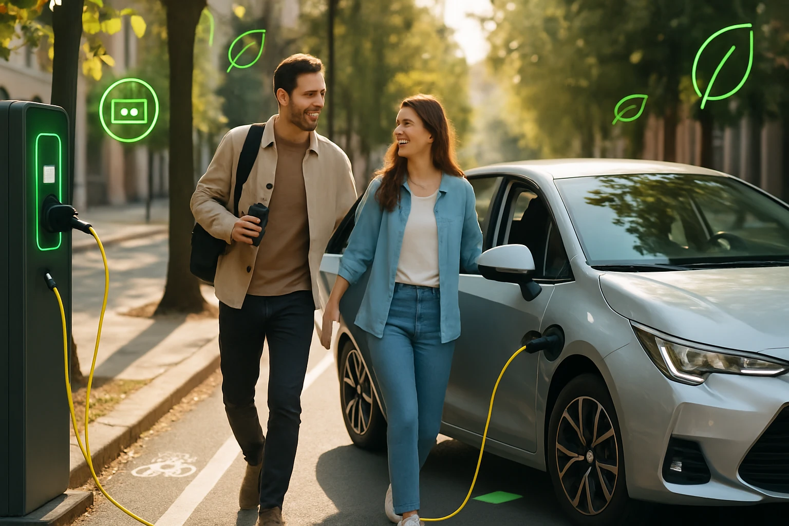 Egy pár sétál az utcán, miközben egy elektromos autó töltőhöz közelít.