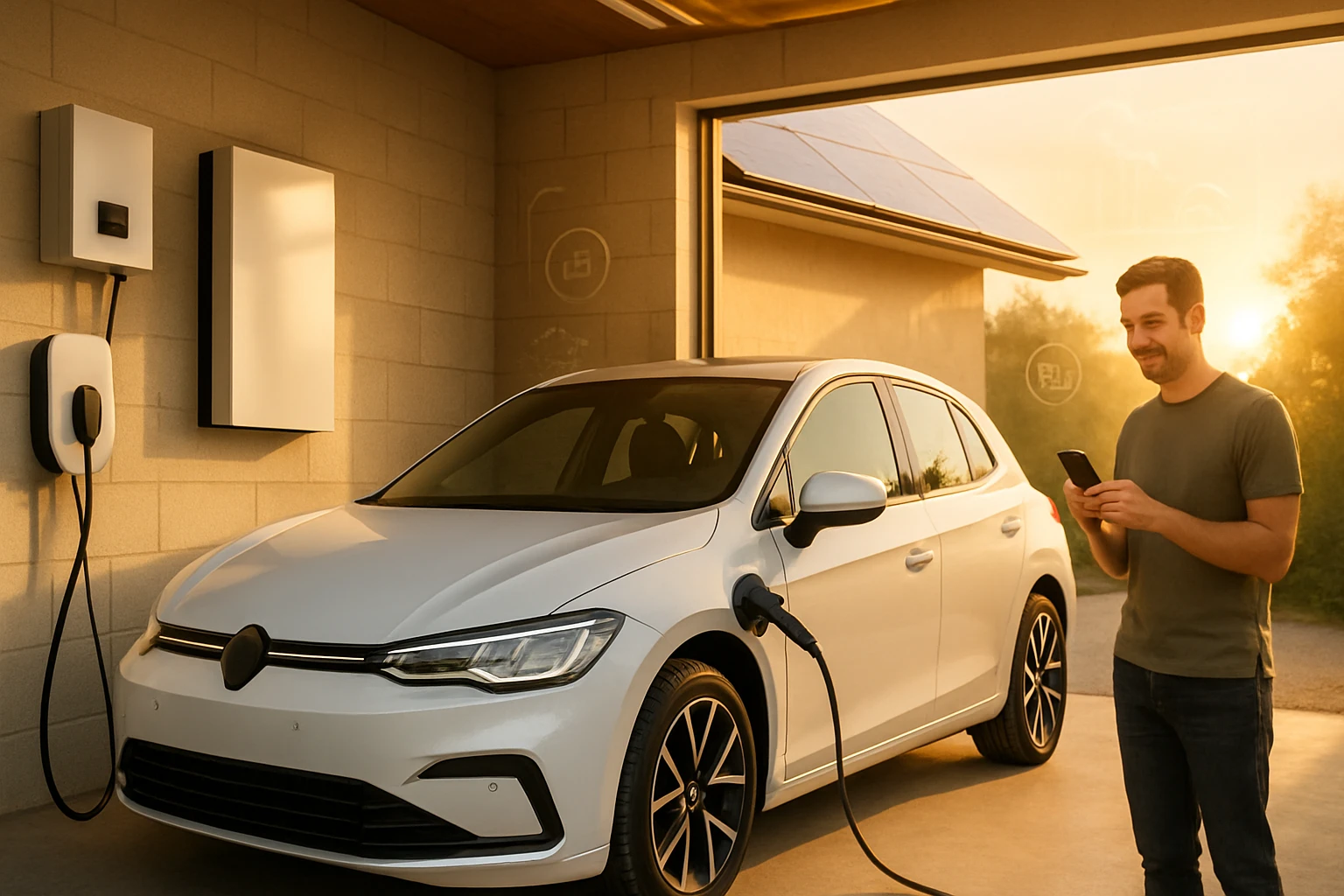 Egy férfi okostelefonnal áll egy elektromos autó mellett, amely töltőre van csatlakoztatva.