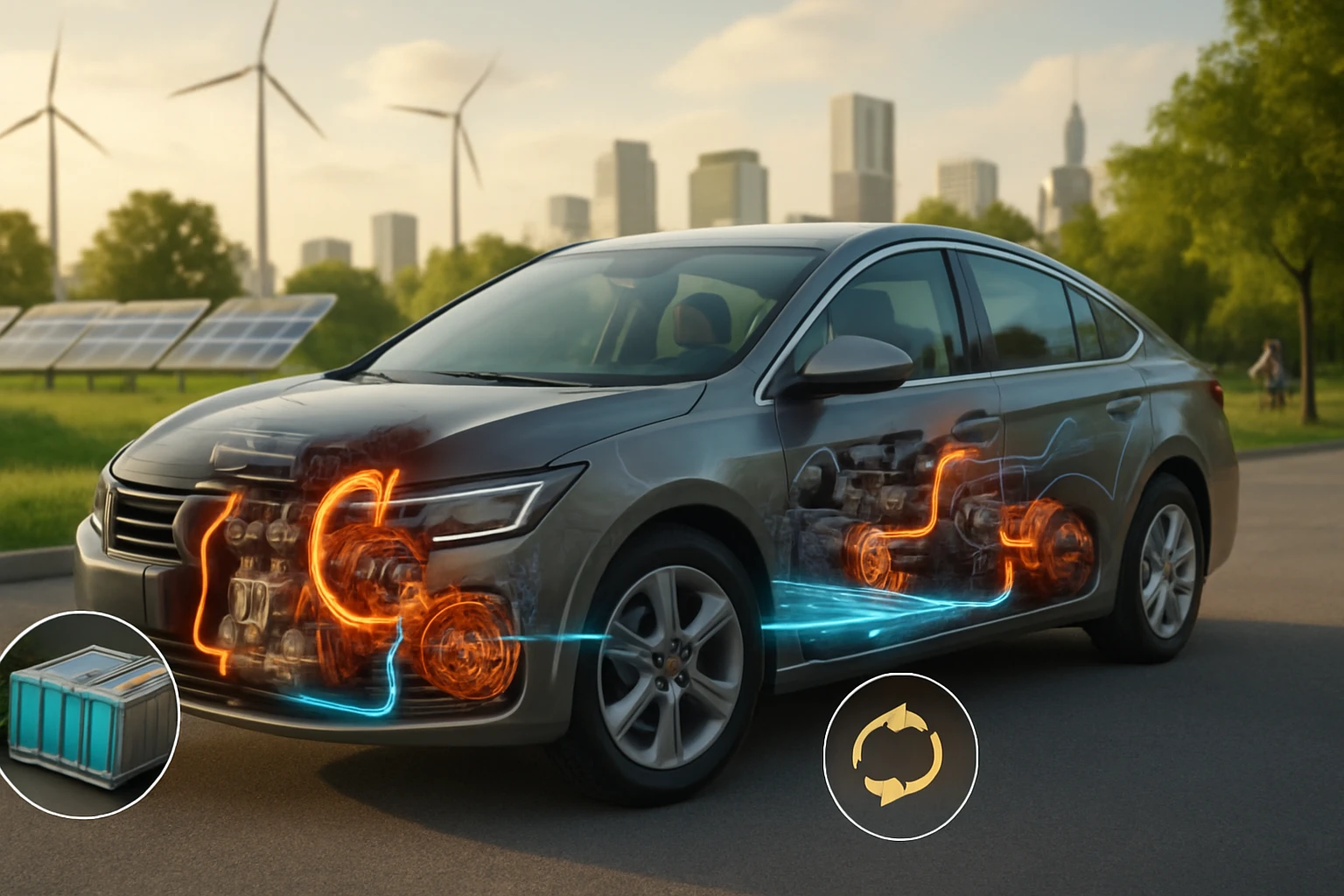 Egy modern autó, amelynek oldalán látható az elektromos motor és akkumulátor részletei.