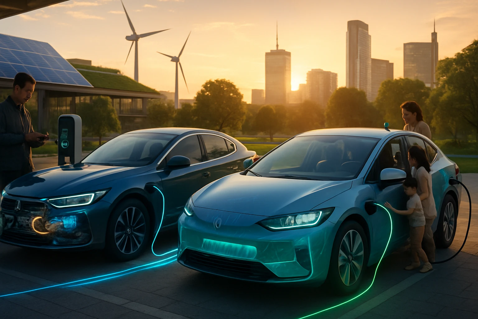 Két elektromos autó töltődik egy modern városi környezetben, naplementében.