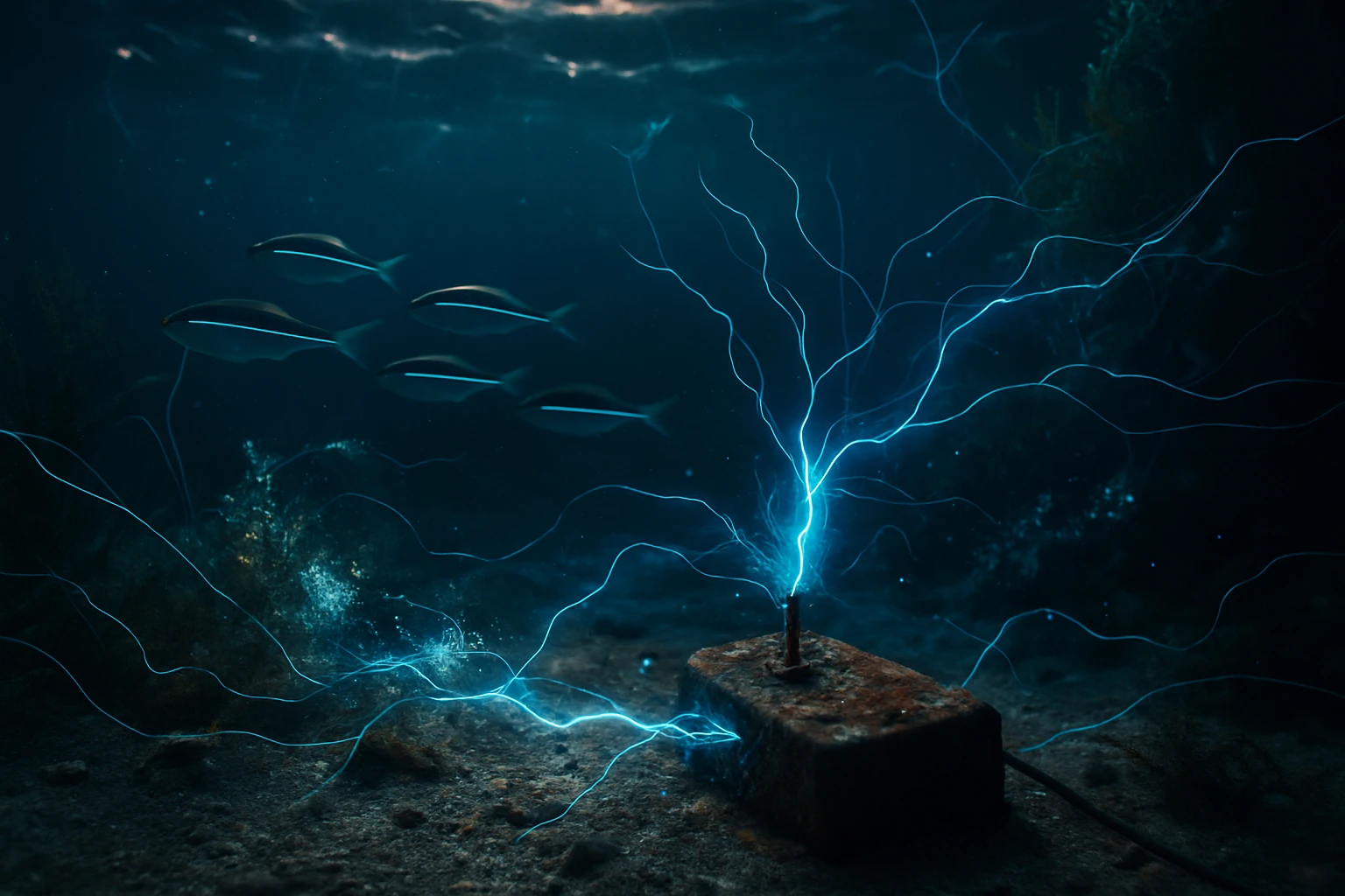 Egy rozsdás tárgyból kiáramló kék elektromos energia az óceán mélyén, halak úsznak a háttérben.