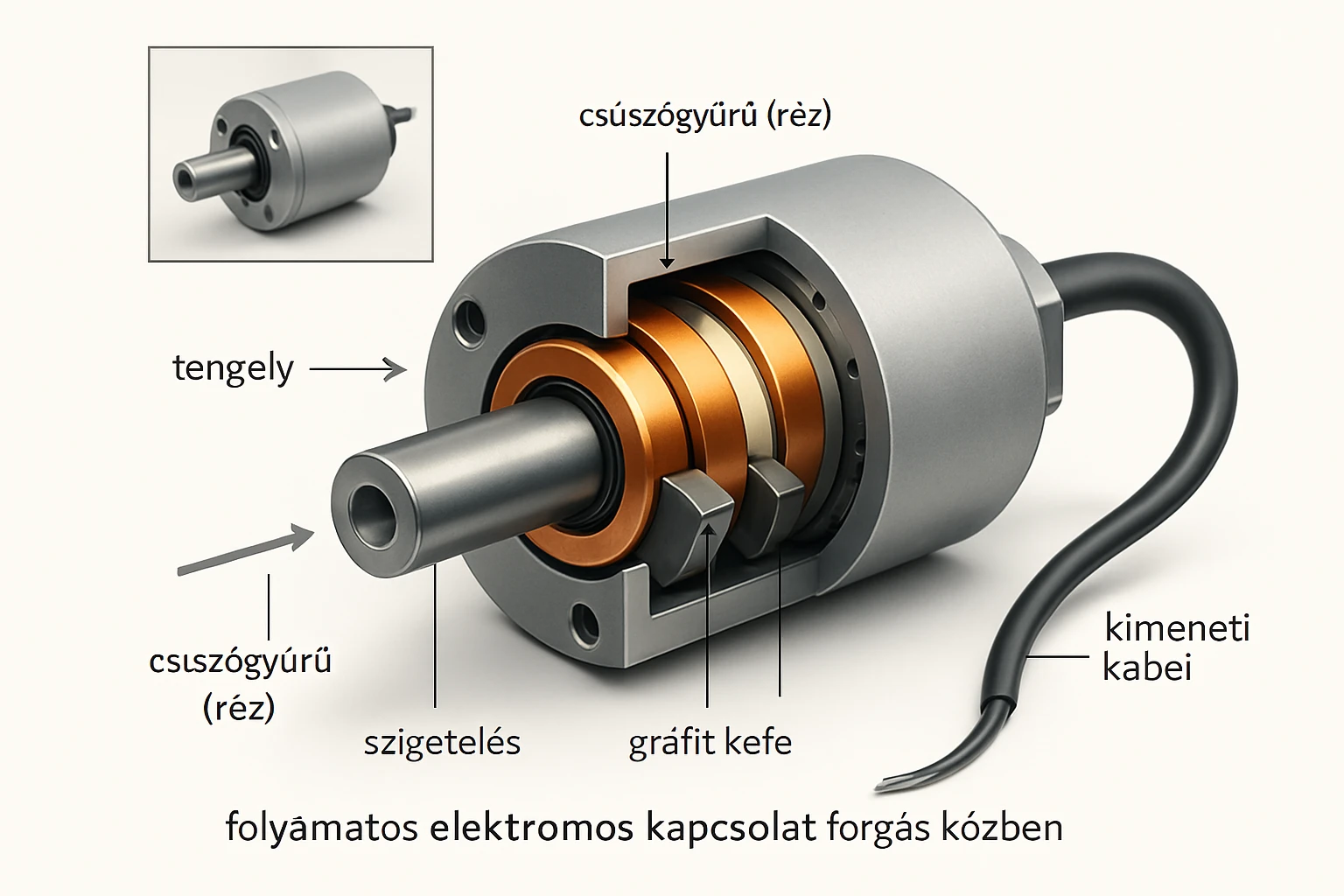Folyamatos elektromos kapcsolat forgás közben, részletes szerkezeti ábrázolás.