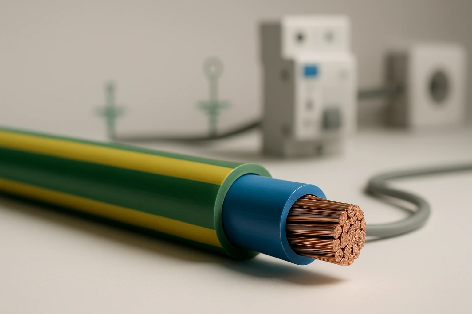 Színes műanyag burkolatú elektromos kábel, látható rézvezetőkkel.