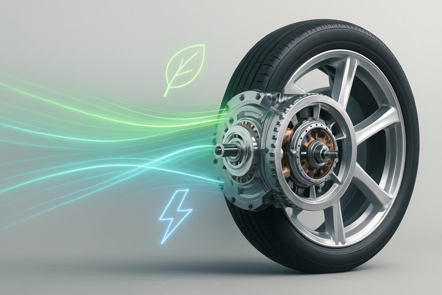 Egy modern elektromos motor és gumiabroncs, zöld energiát szimbolizáló grafikával.