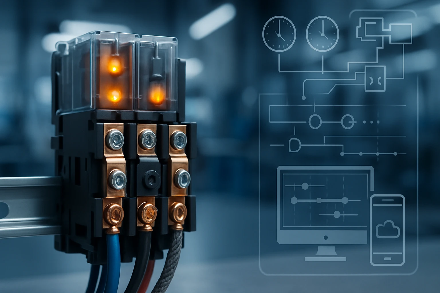 Egy elektromos relé, amely világító LED-ekkel és csatlakozókkal rendelkezik.