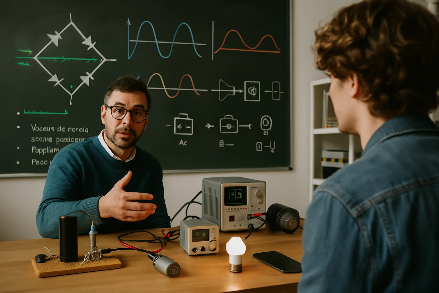 Egy tanár magyaráz elektromosságról egy diák előtt, különböző eszközökkel.