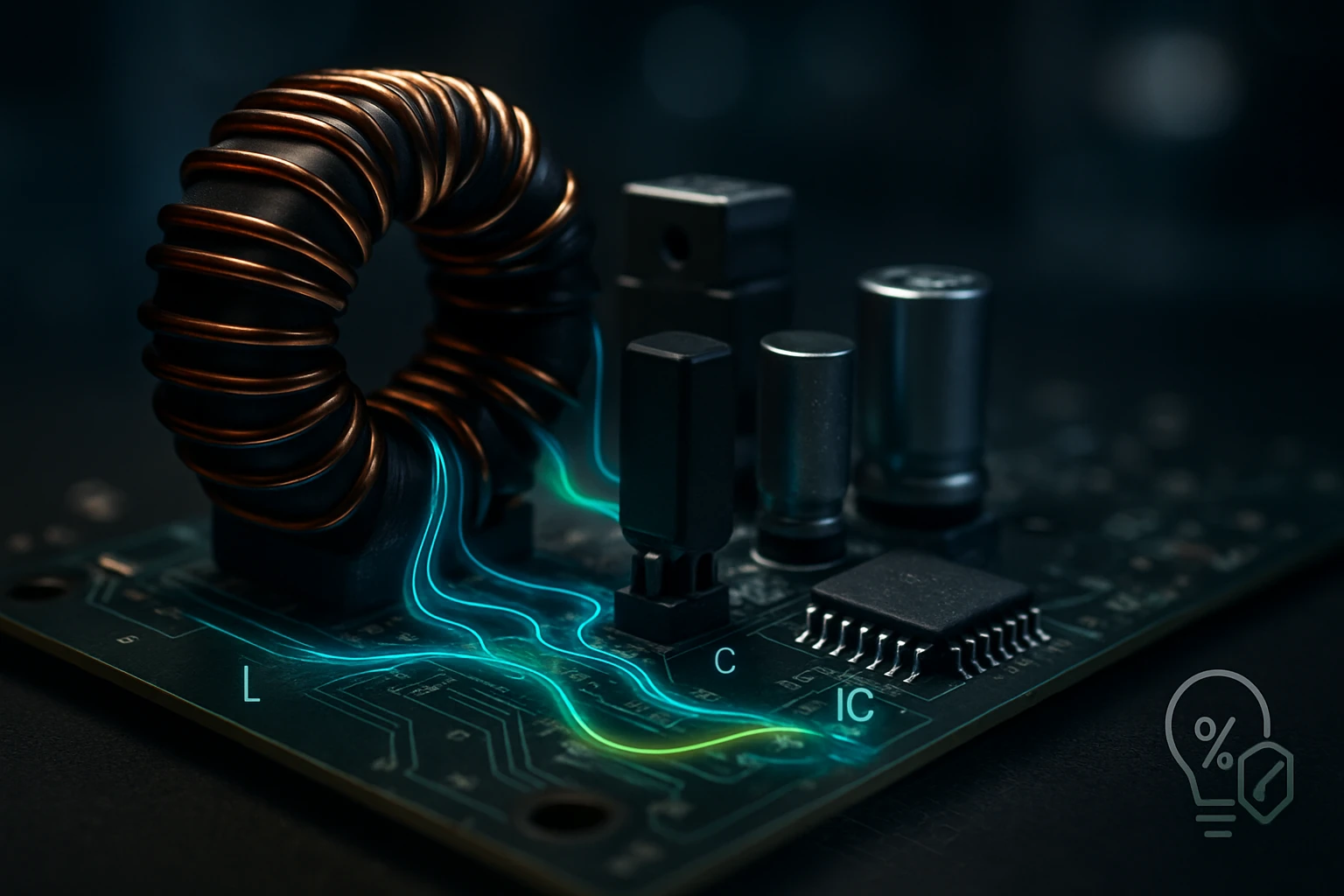 Egy nyomtatott áramkör, amelyen egy tekercs és különböző elektronikai alkatrészek láthatók.