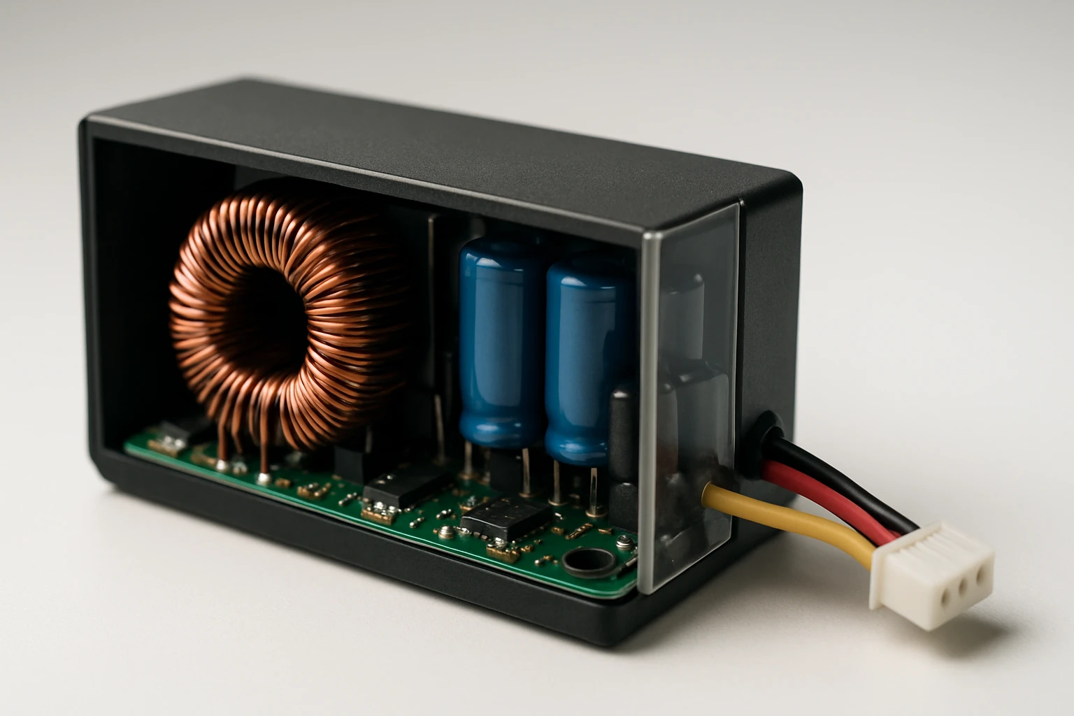 Egy fekete házban elhelyezett elektronikai alkatrészek, beleértve egy réztekercset és kondenzátorokat.