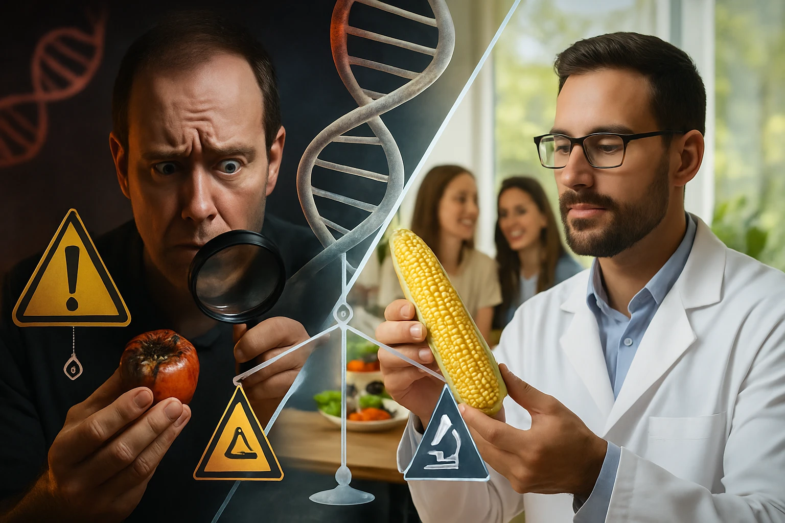 Egy férfi aggodalommal néz egy romlott gyümölcsöt, míg egy másik tudós kukoricát vizsgál.