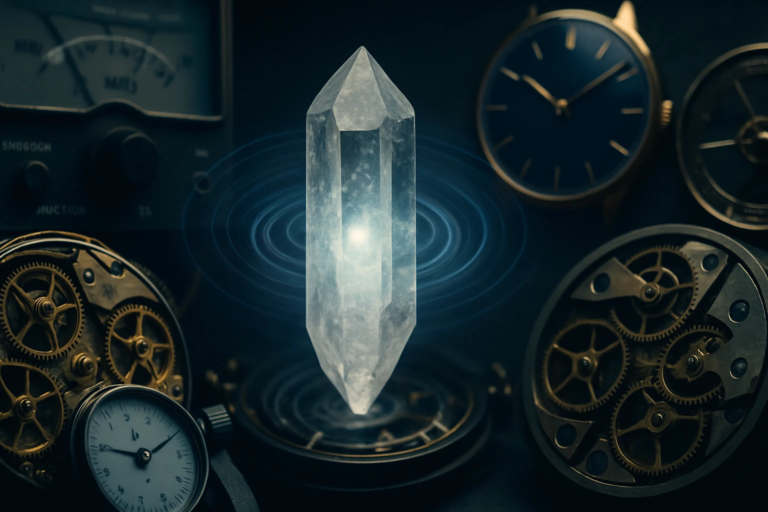 Egy átlátszó kristály, amely körül energiaörvények láthatók, órák és mechanikai alkatrészek között.