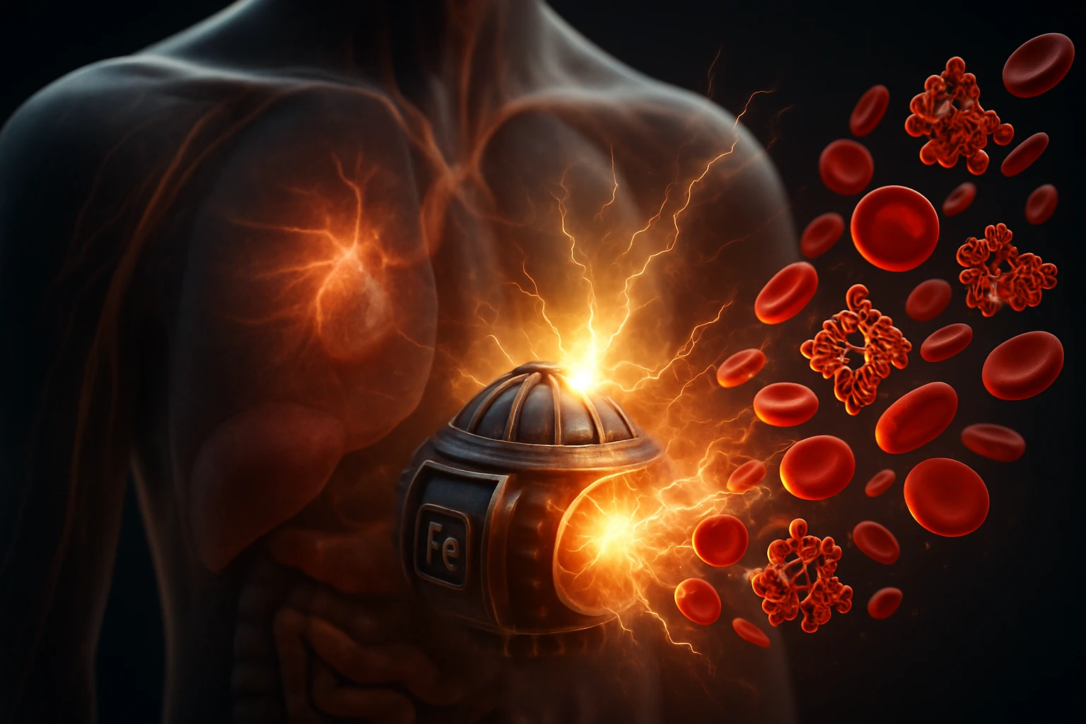 Egy emberi testből kiáramló vörösvérsejtek és energia, vas szimbólummal.