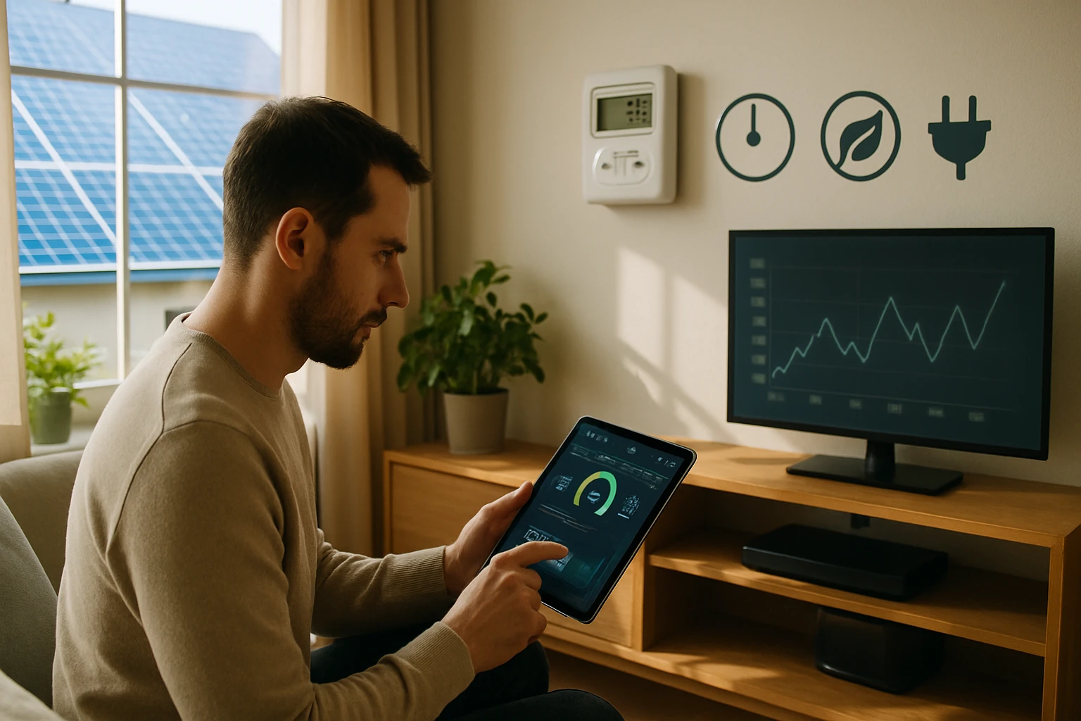 Egy férfi táblagépen figyeli az energiatakarékossági adatokat a nappalijában.