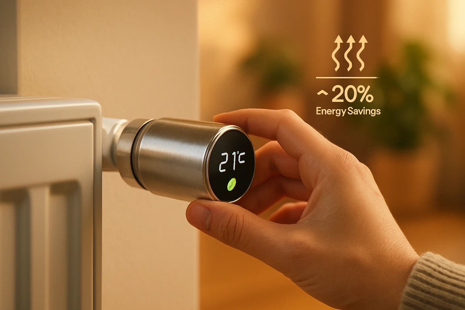 Egy kéz állítja a termosztátot, amely 21 °C-ot mutat.