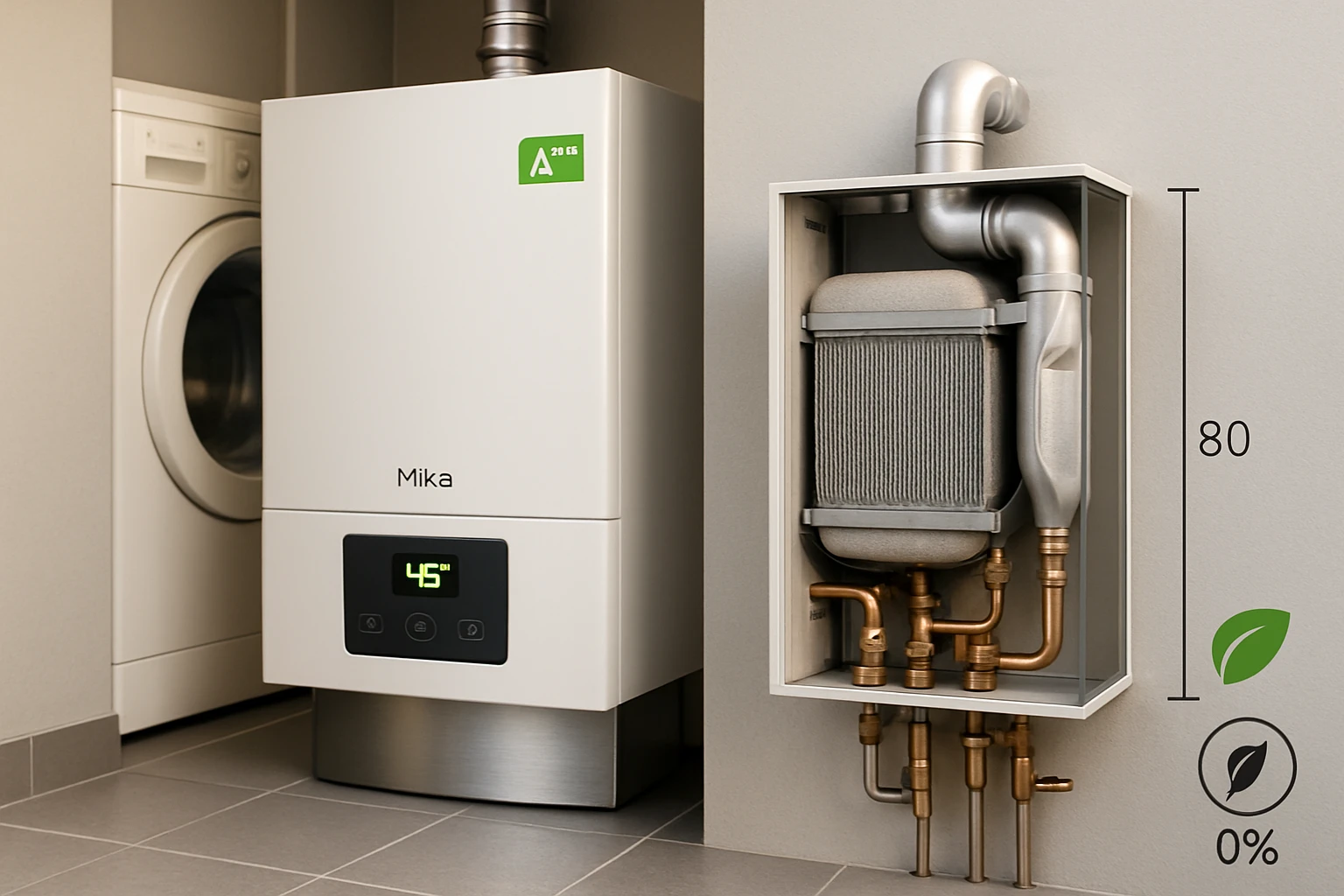 Egy modern, energiatakarékos vízmelegítő berendezés, digitális kijelzővel.