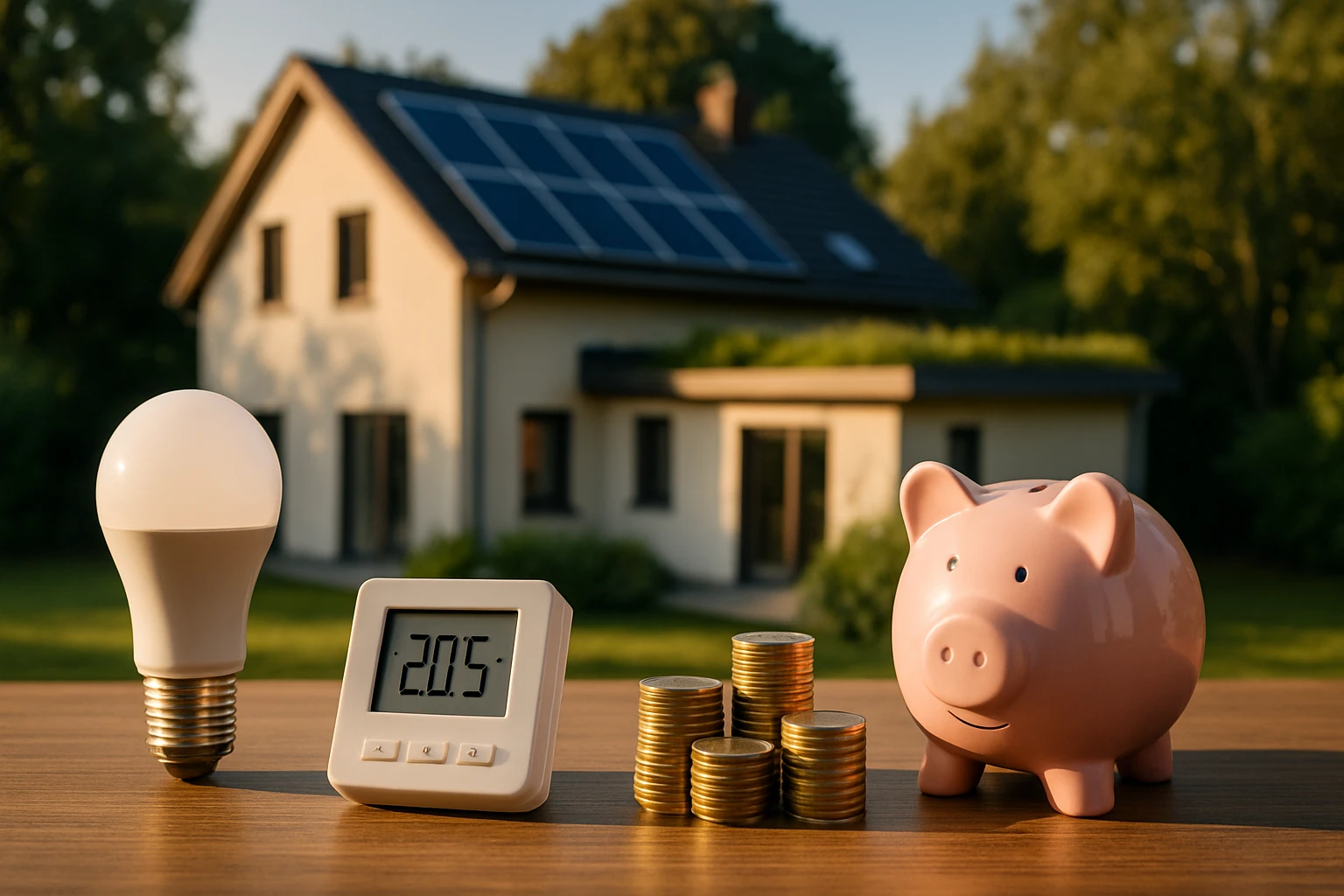 Egy energiatakarékos izzó, digitális hőmérő és malacpersely áll egy asztalon, háttérben napenergiás házzal.