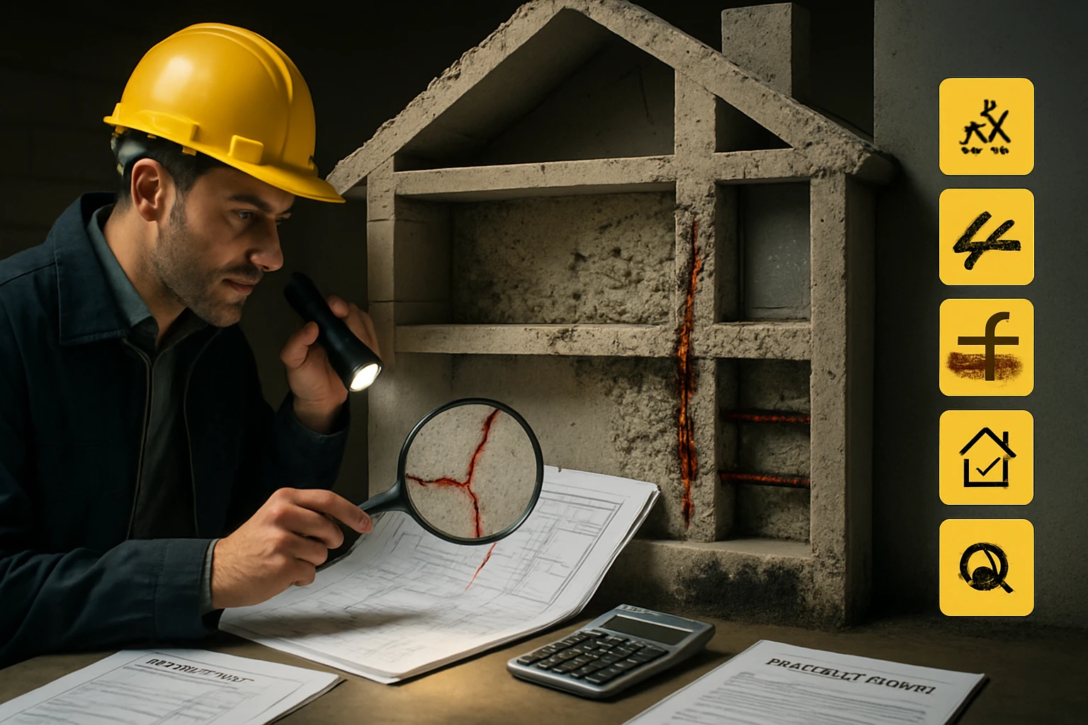 Egy építőmérnök fényszóróval vizsgál egy házmodellt, miközben terveket néz.