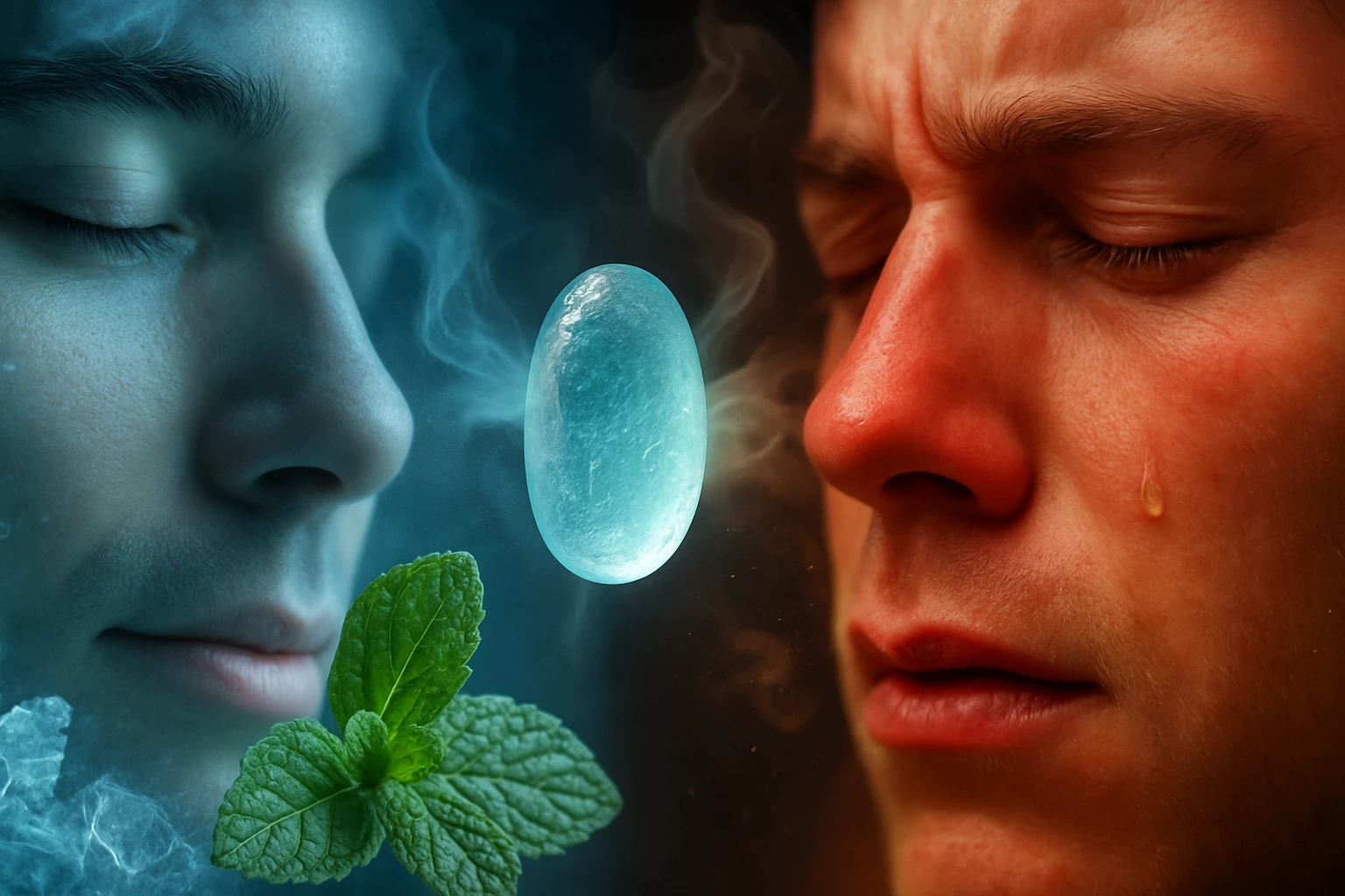 Két férfi arca, az egyik nyugodt, a másik szomorú, mentával és egy kék gömbbel a középpontban.