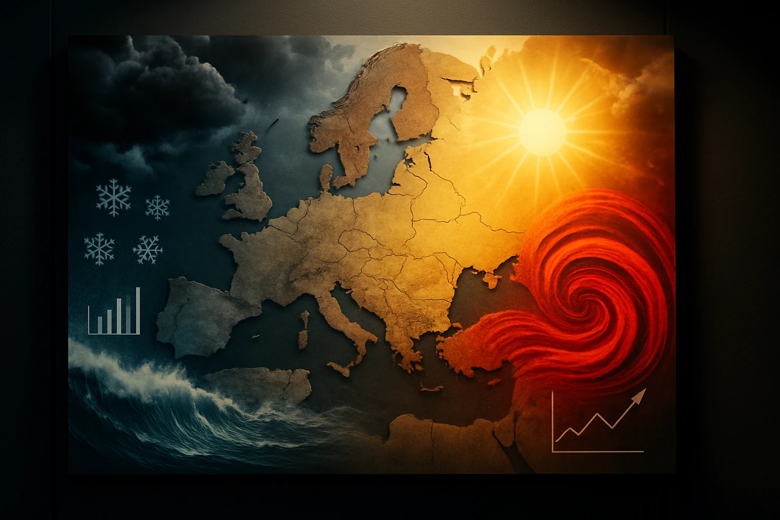 Európa térképe, amelyen a nap, hópelyhek és viharos hullámok láthatók.