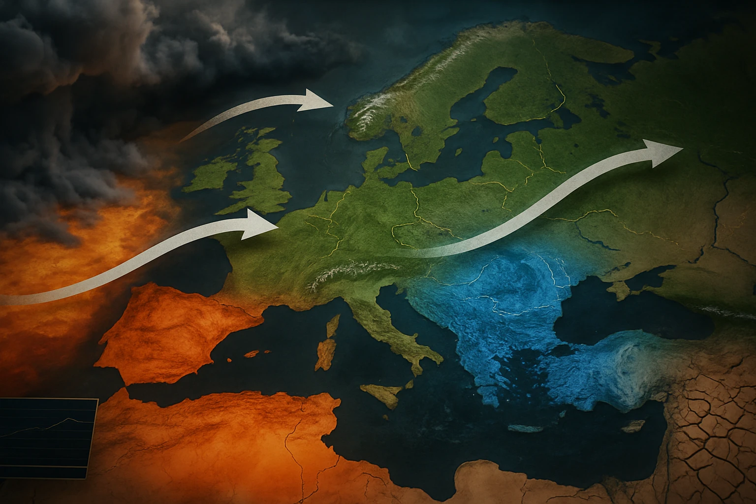 Európa térképe, különböző színű területekkel és irányított nyilakkal.