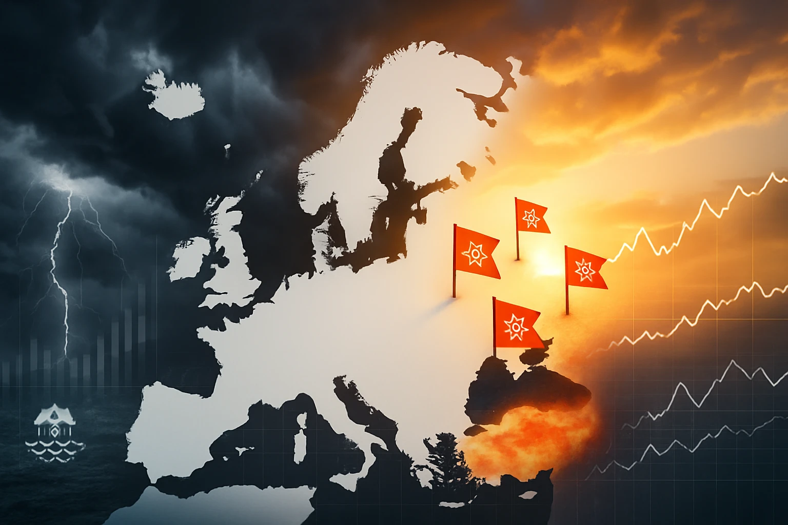 Európa térképe, piros zászlókkal és viharos háttérrel.
