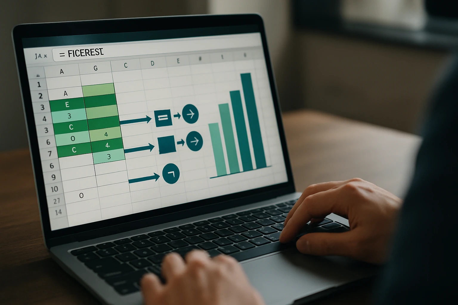 Egy laptop képernyőjén Excel táblázat látható, grafikonokkal és adatokkal.