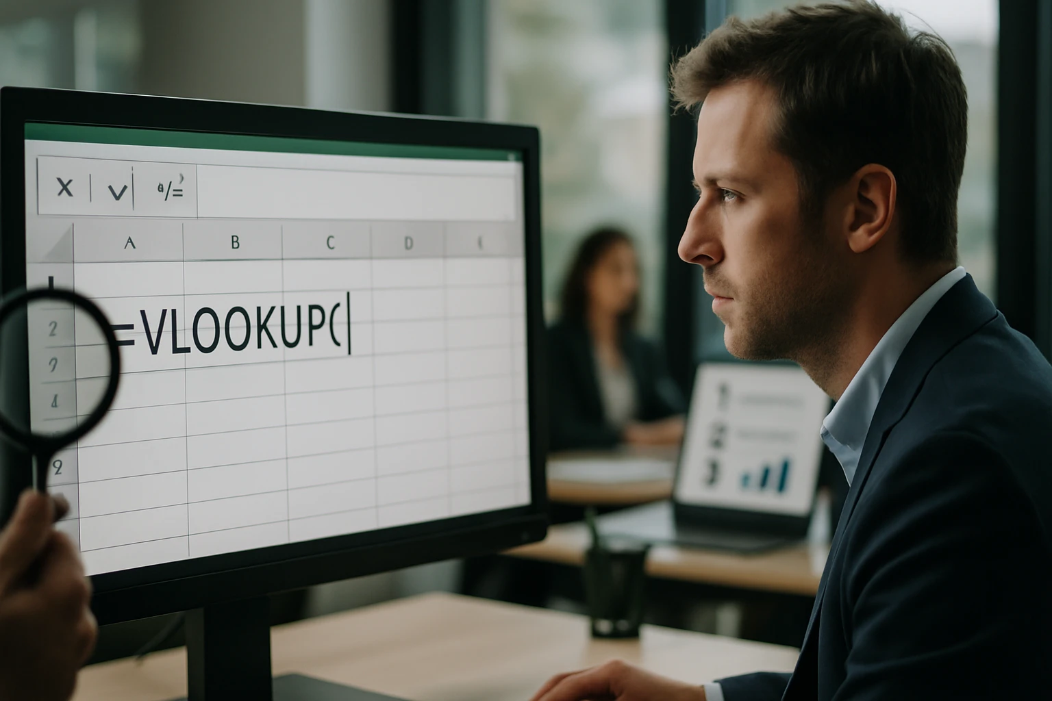 Egy férfi figyelmesen nézi a számítógép képernyőjét, ahol az Excel VLOOKUP függvénye látható.