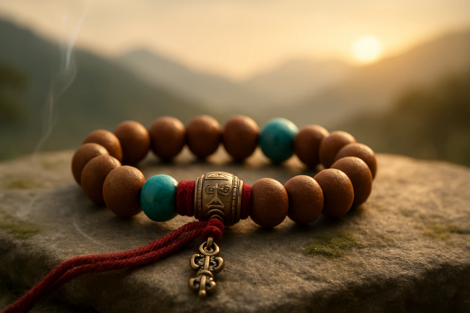 Egy fából készült karkötő, türkiz gyöngyökkel, naplementében.