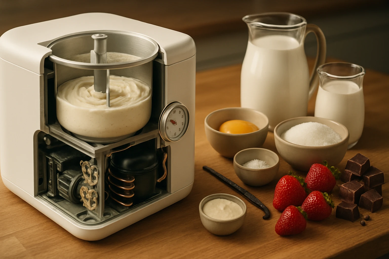 Egy fagyigép belső része, benne krémes massza, körülötte hozzávalók.