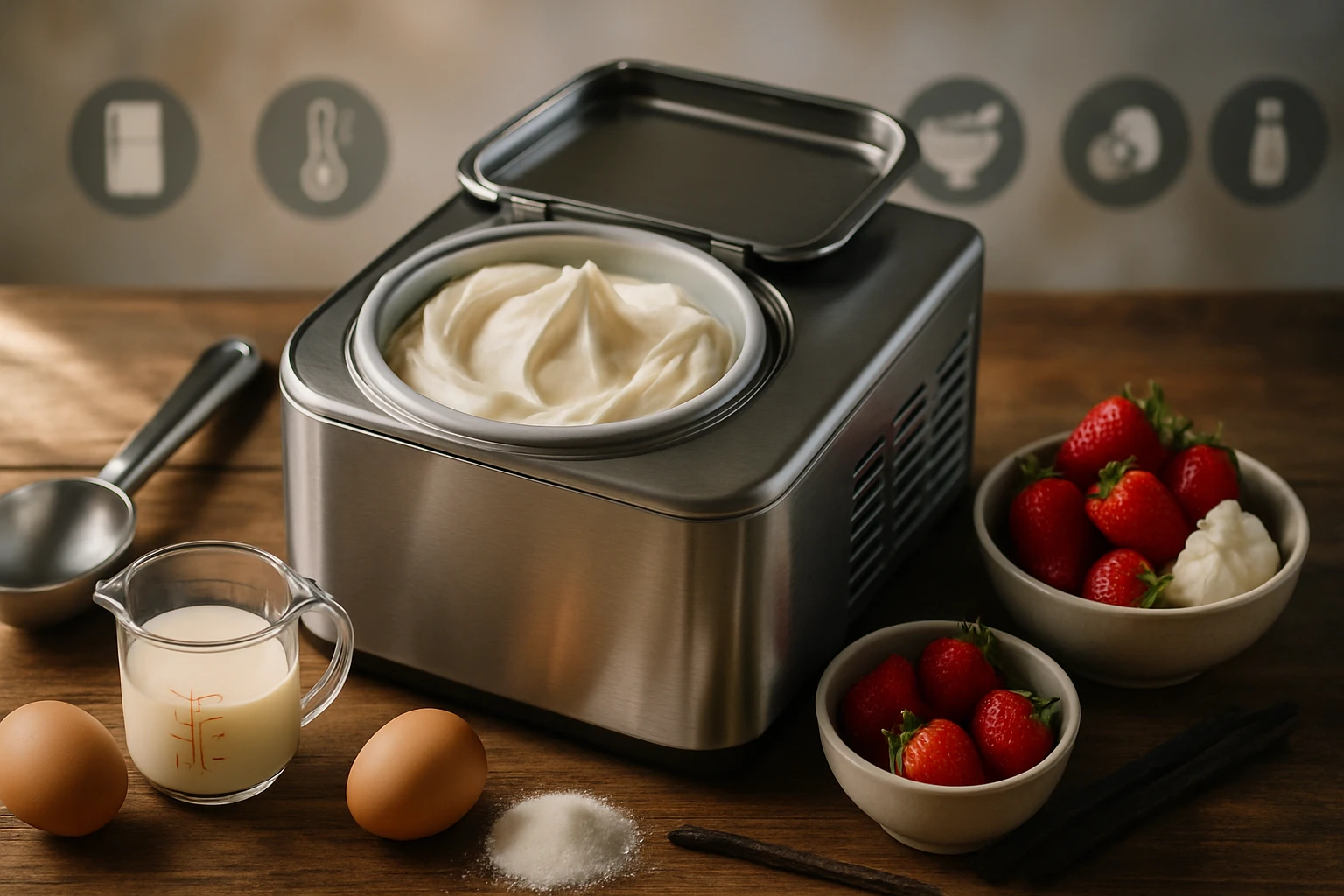 Egy fém fagylaltgép, benne krémes fagylalt, friss eper és alapanyagok.