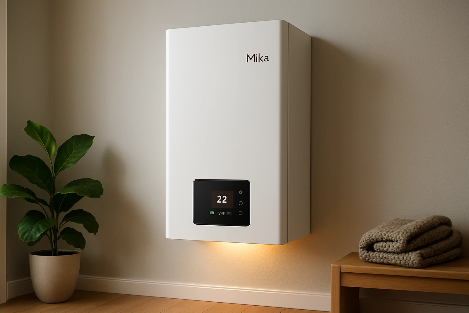 Modern fali hőmérséklet-szabályozó fehér színben, 22 fokkal beállítva.