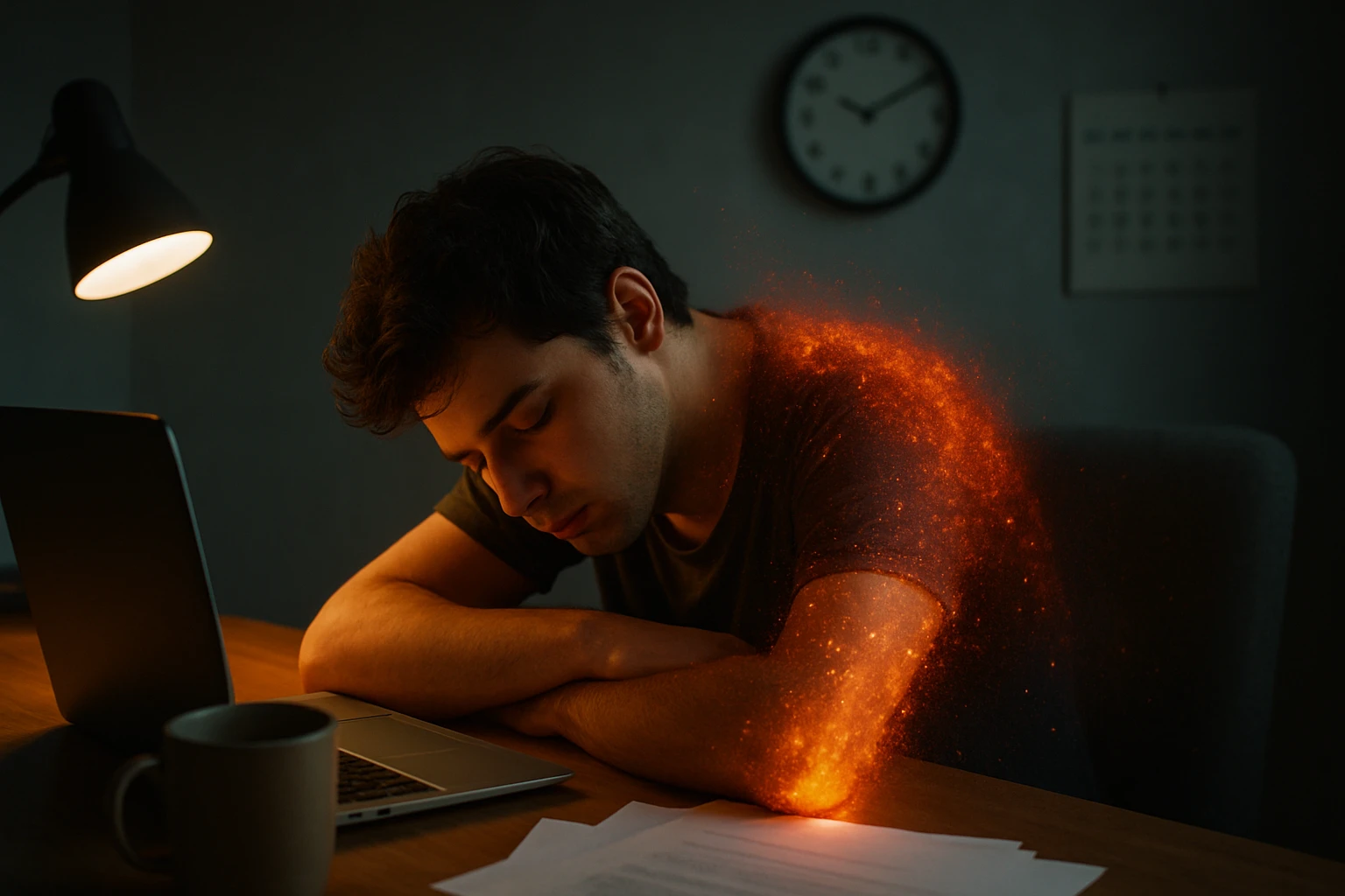 Egy fiatal férfi fáradtan ül az íróasztalnál, karja mögött szikrázó fényekkel.