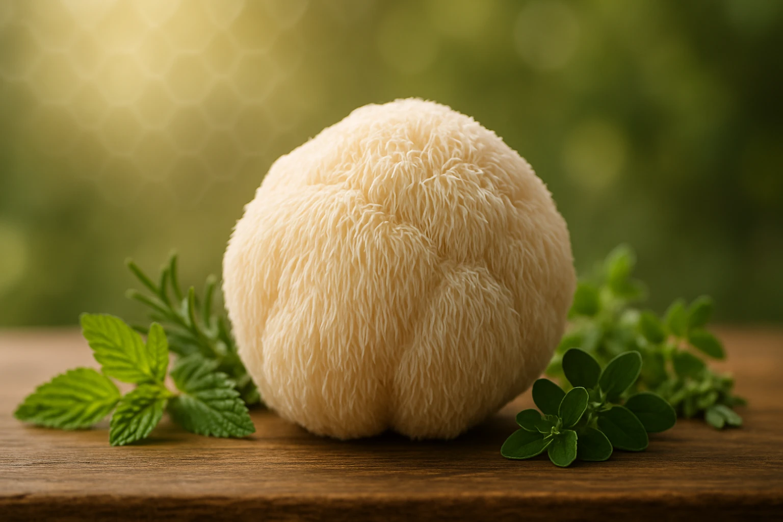 Egy fehér, szőrös gombafej, friss fűszernövények társaságában.