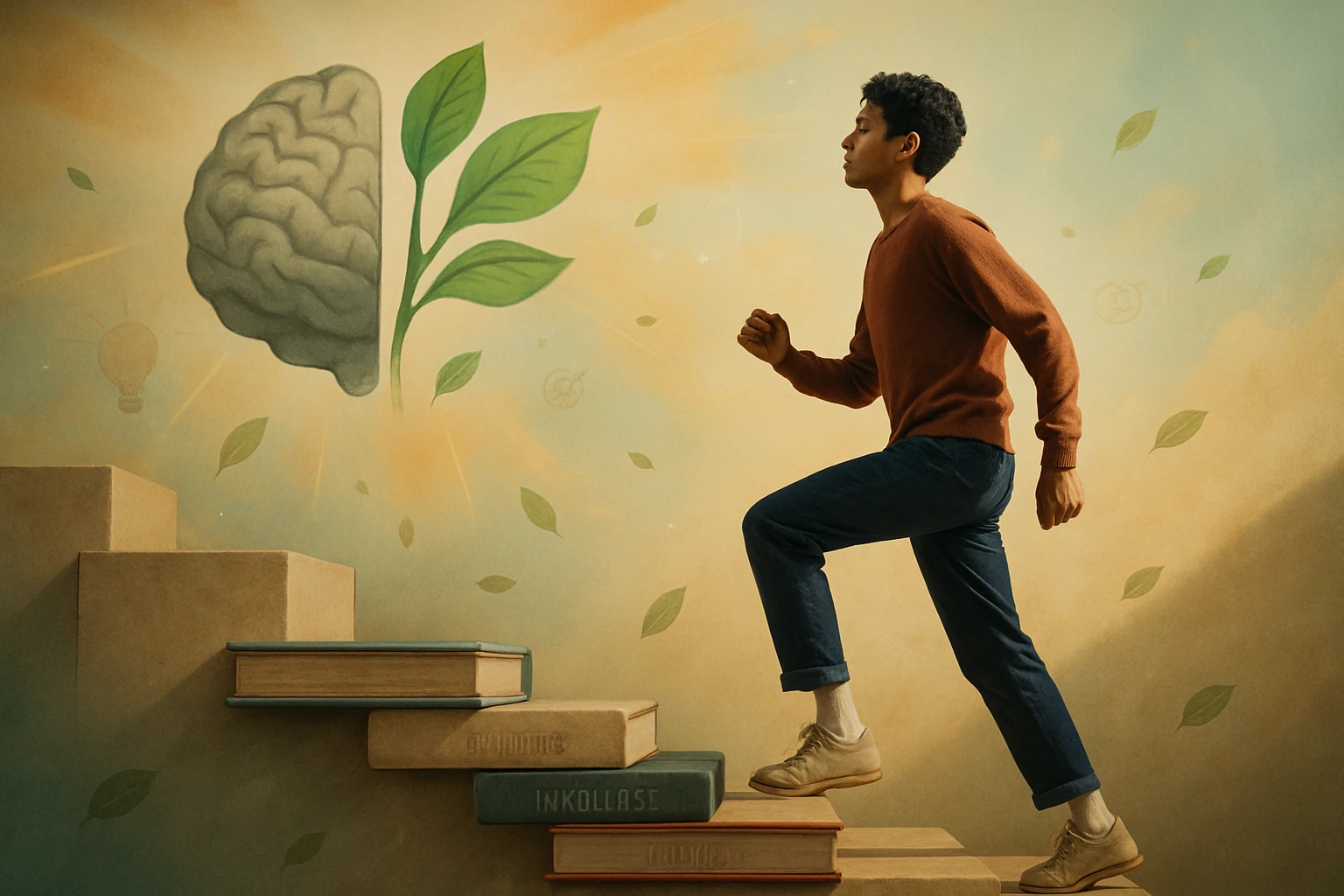 Egy fiatal fiú lépcsőn halad felfelé, háttérben agy és növény motívummal.