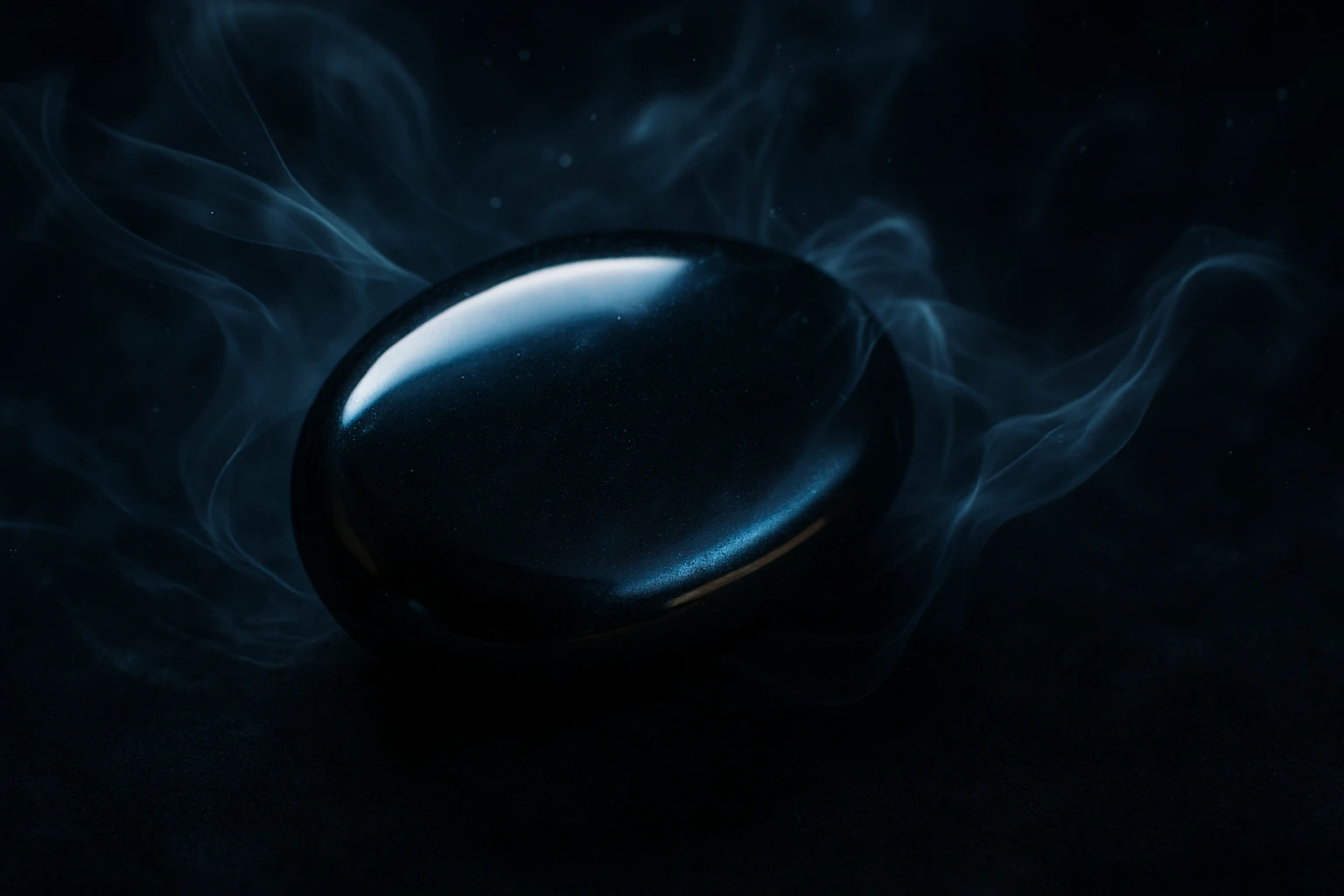 Fekete sima kő, körülötte füstös hatású légies elemekkel.