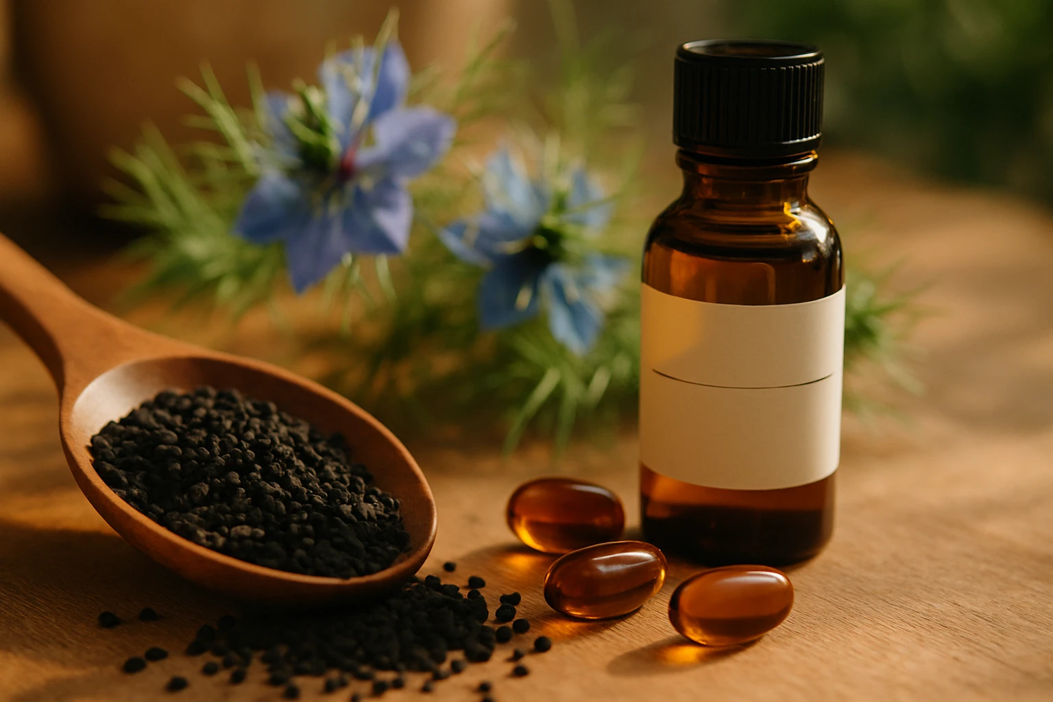 Fekete kömény magvak egy fakanálon, mellette olaj és kapszulák.