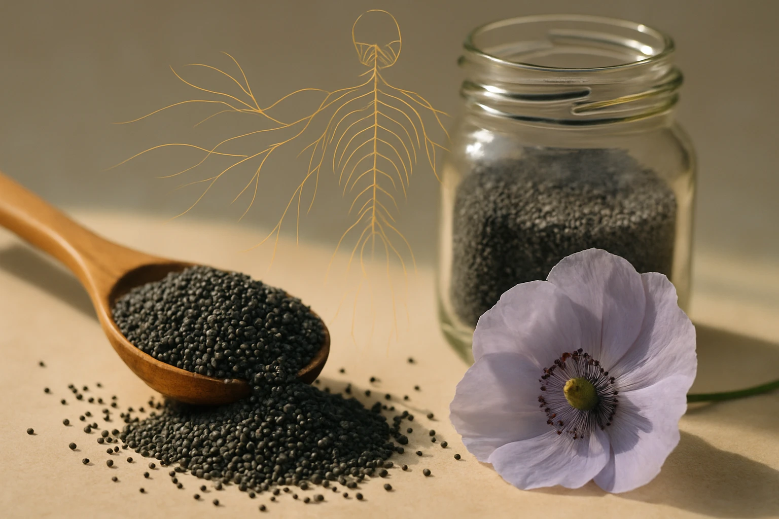 Egy fakanálban fekete magvak, mellette egy virág és egy üveg.