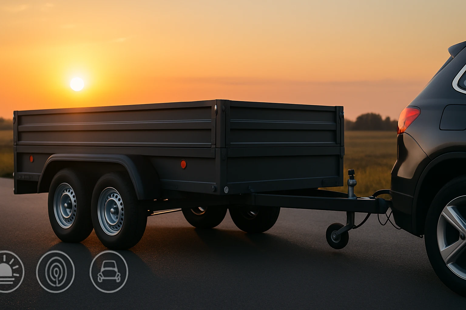 Egy fekete utánfutó, amely egy autóhoz van kapcsolva, naplementében.