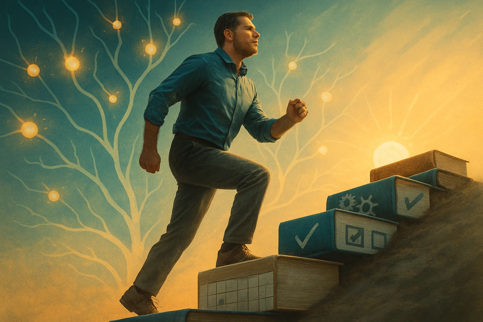 Egy férfi lépcsőn halad felfelé, könyvek és világító gömbök között.