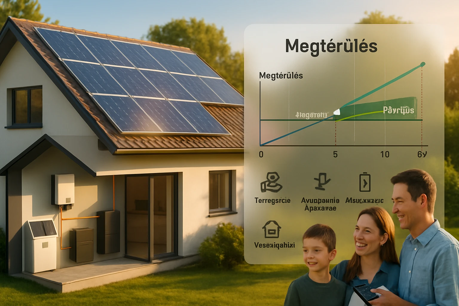 Egy család áll egy napenergiával működő ház előtt, napkollektorokkal a tetőn.