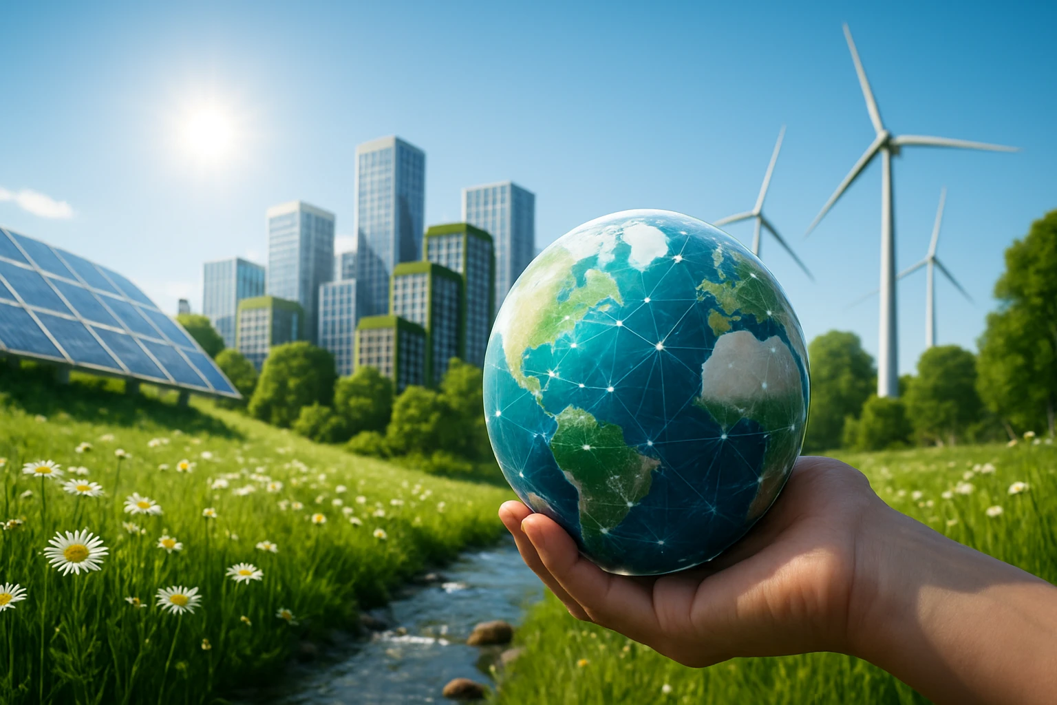 Egy kézben tartott földgömb, mögötte modern város zöld épületekkel és szélerőművekkel.
