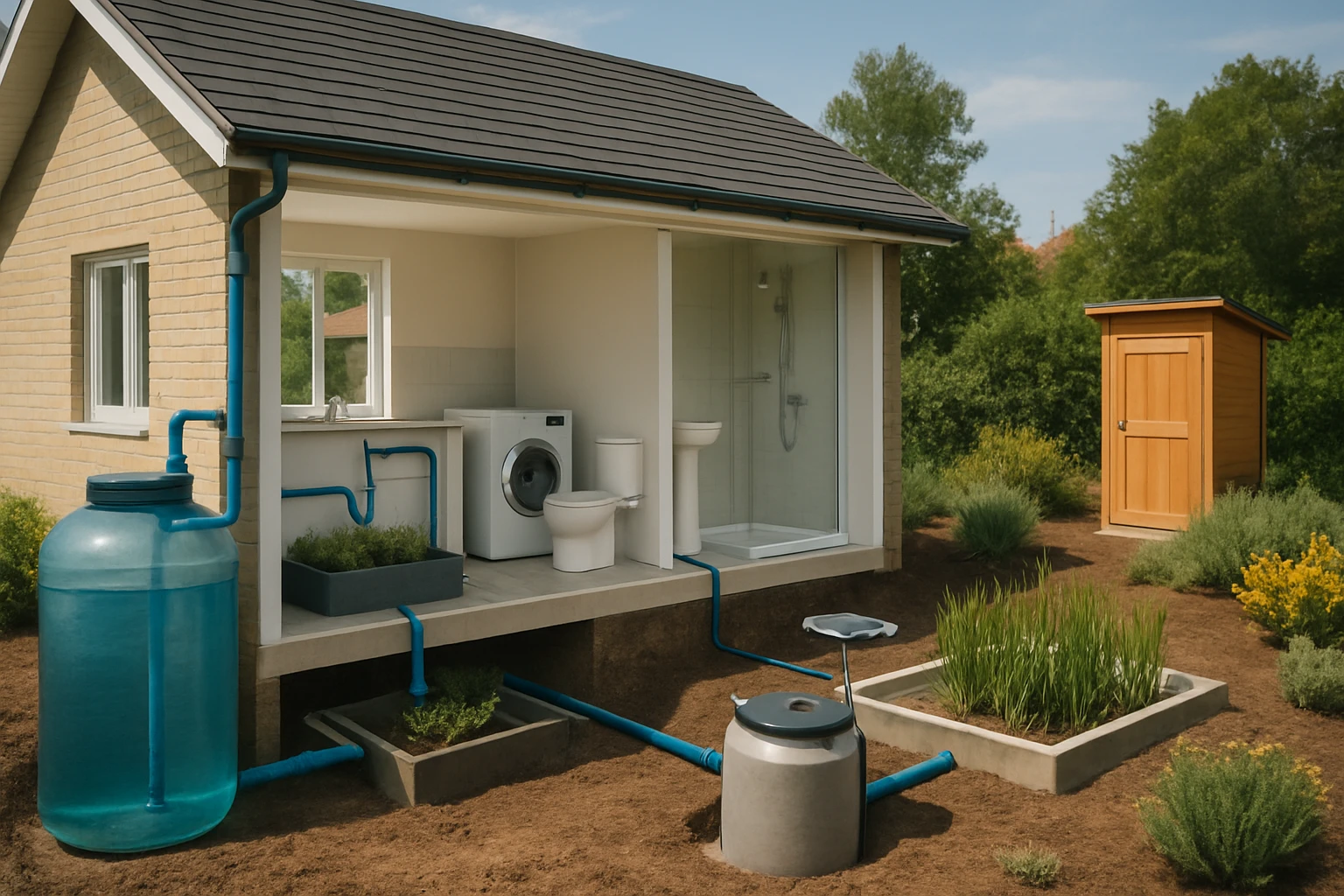 Egy modern ház külső része, vízvezetékekkel és zöld növényekkel.