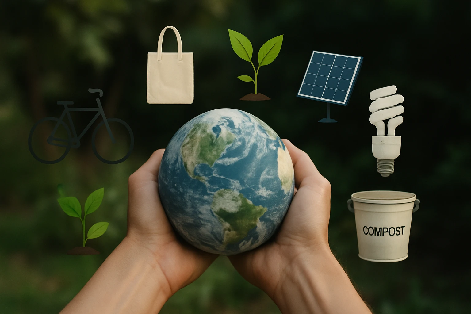 Két kézben tartott földgömb, körülötte fenntarthatósági szimbólumok.