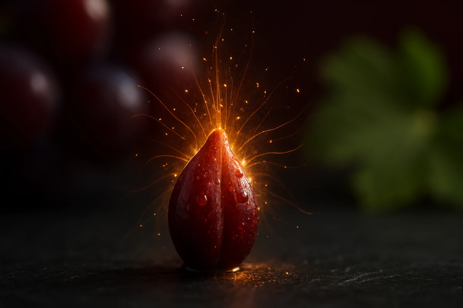 Egy piros bogyó, amelyből fény és szikrák áradnak, vízcseppekkel borítva.