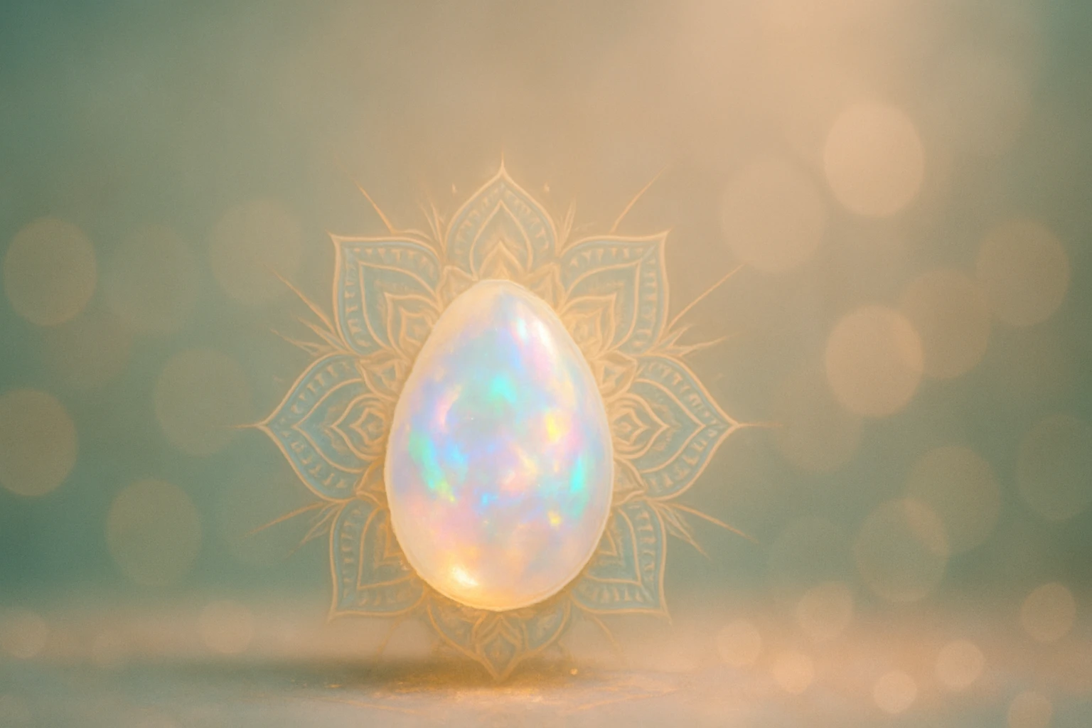 Egy fénylő opál tojás, amely egy mandala háttér előtt áll.