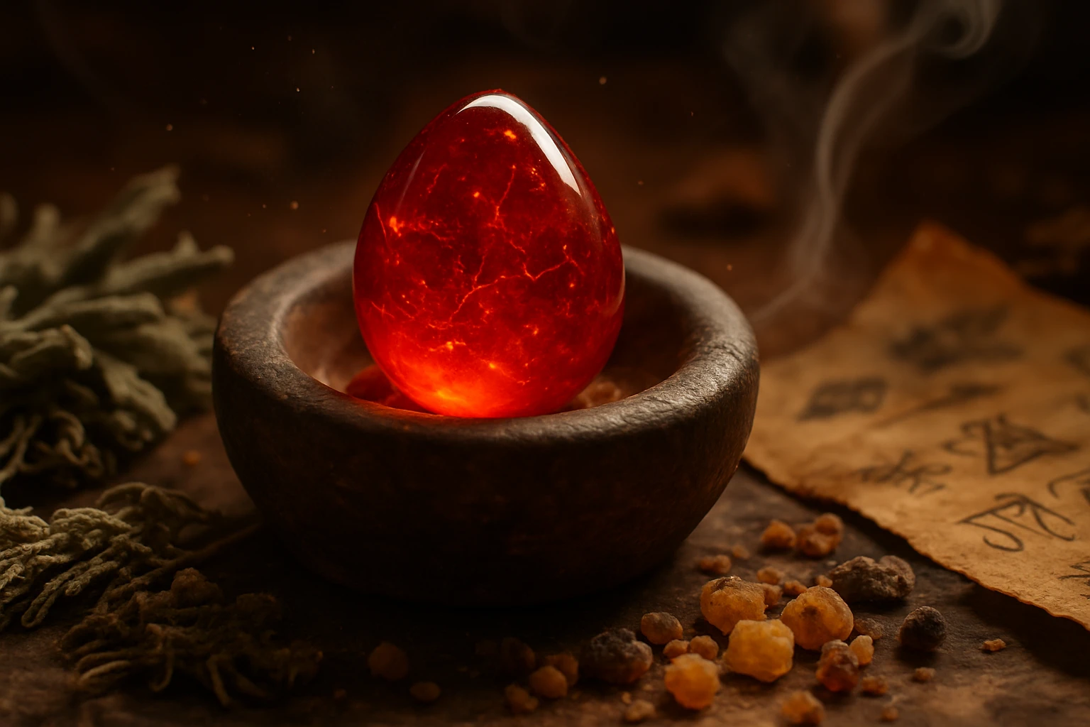 Egy piros, fénylő tojás alakú kő egy fából készült tálban, füstölő anyagokkal körülvéve.