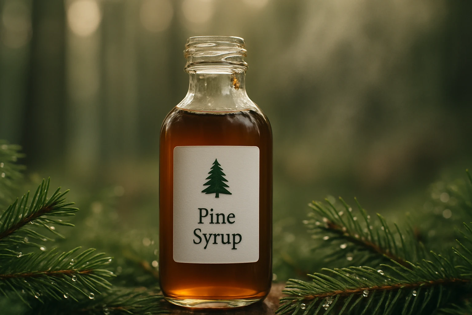 Egy üveg fenyőszirup, zöld fenyőágakkal körülvéve, természetes háttérben.