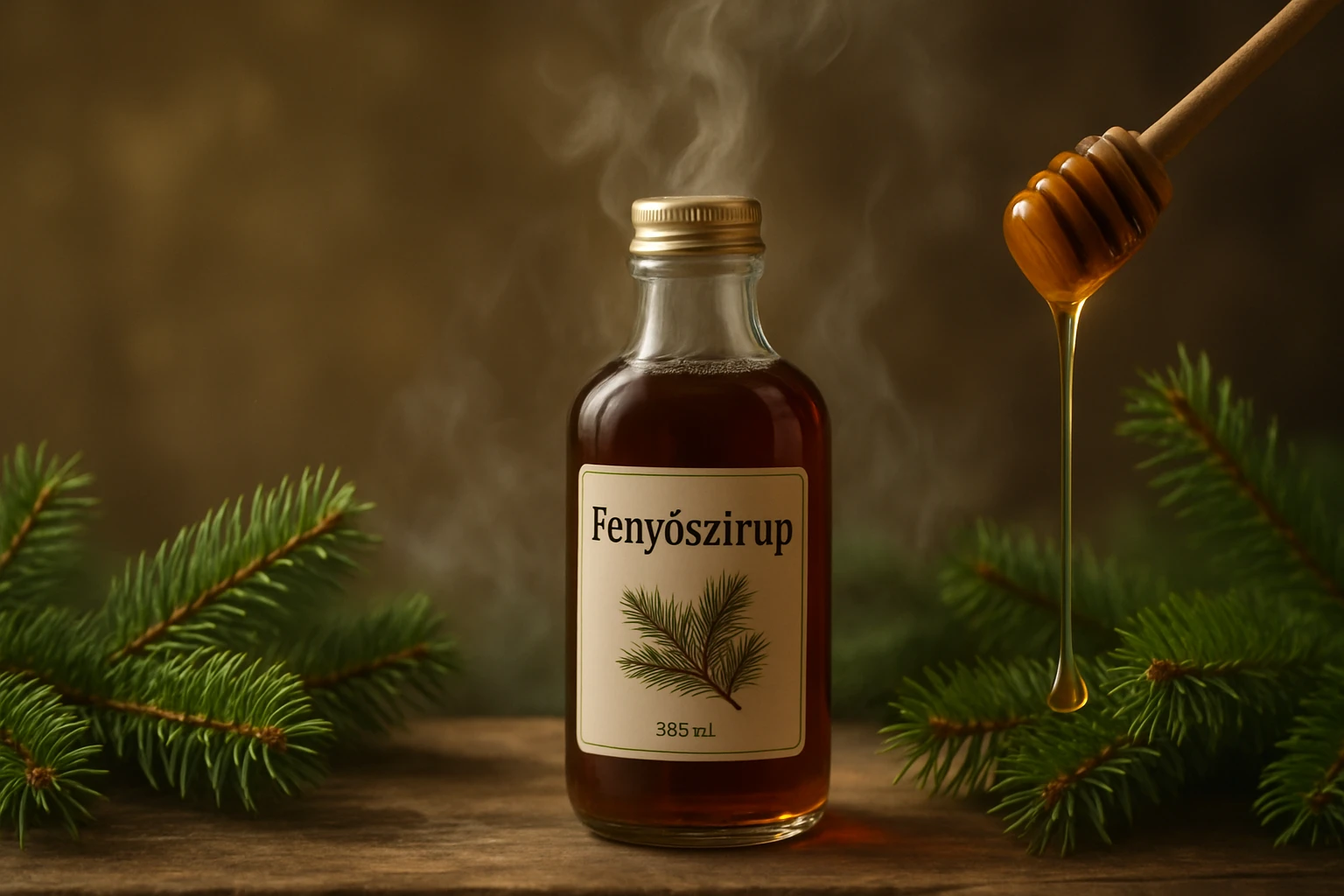 Egy üveg fenyőszirup, mellette fenyőágak és méz, gőzölög.