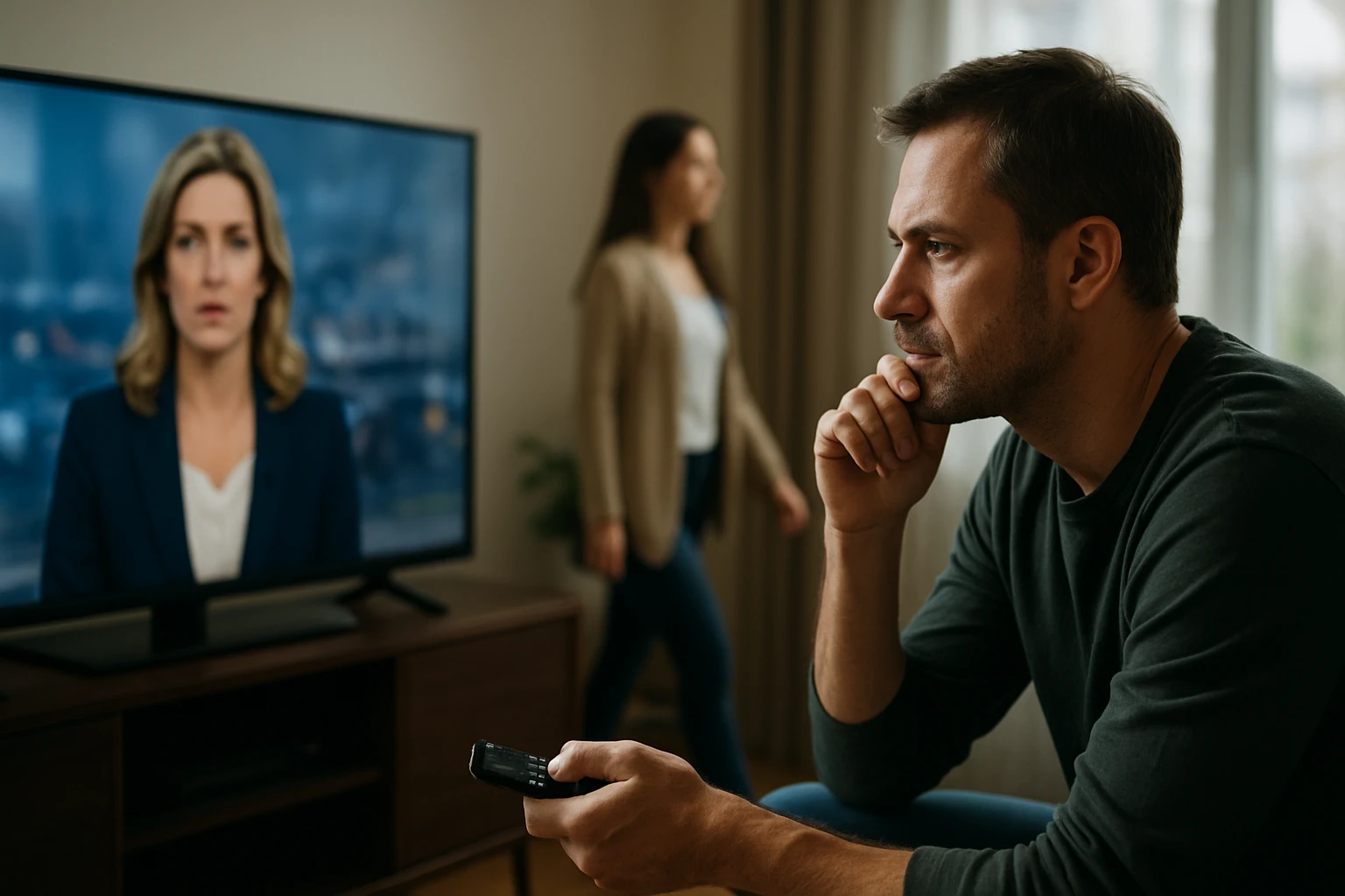 Egy férfi figyelmesen nézi a tévét, miközben egy nő háttérben sétál.