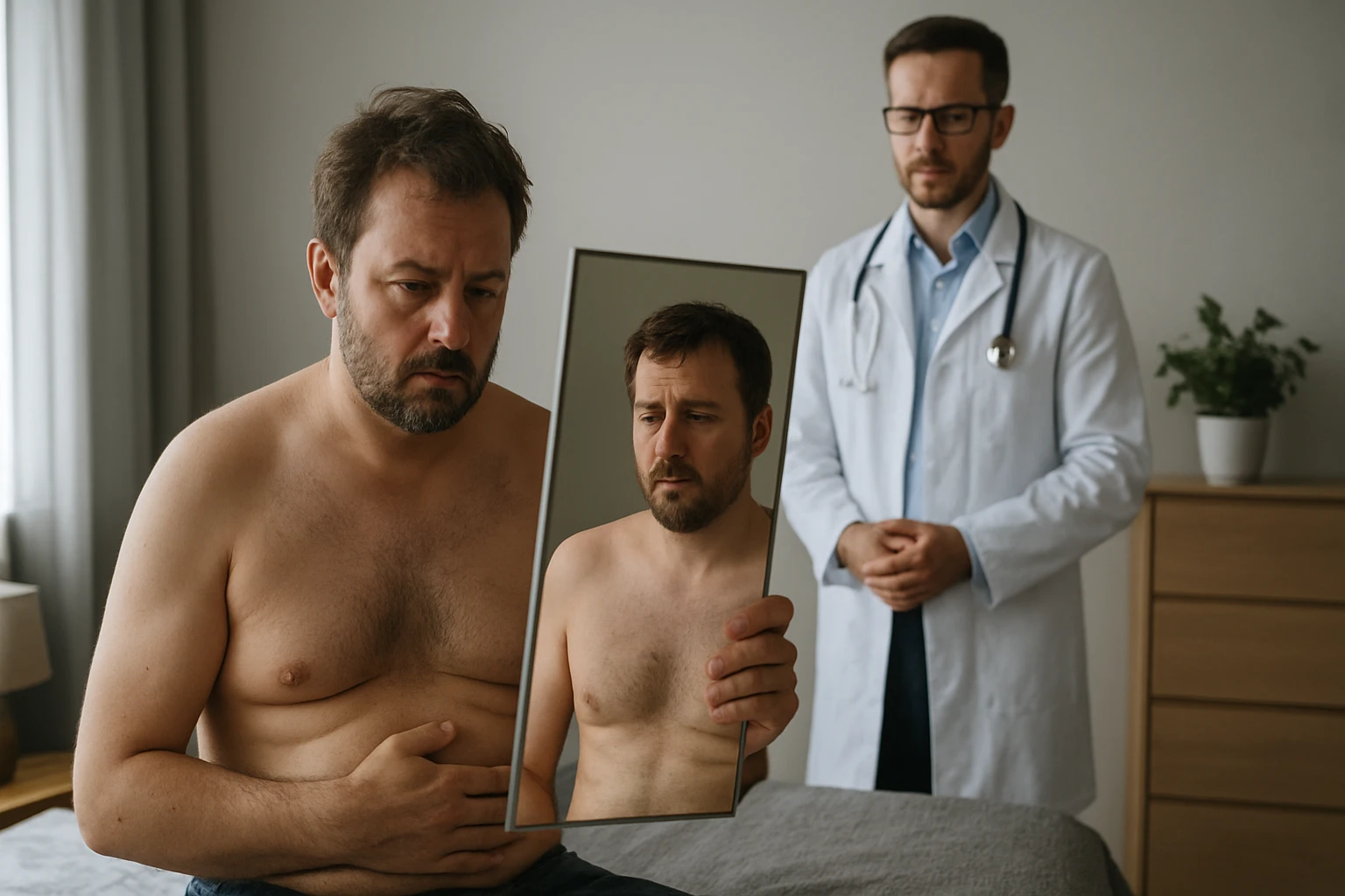 Egy férfi tükörbe néz, szomorú arckifejezéssel, míg orvosa figyeli.
