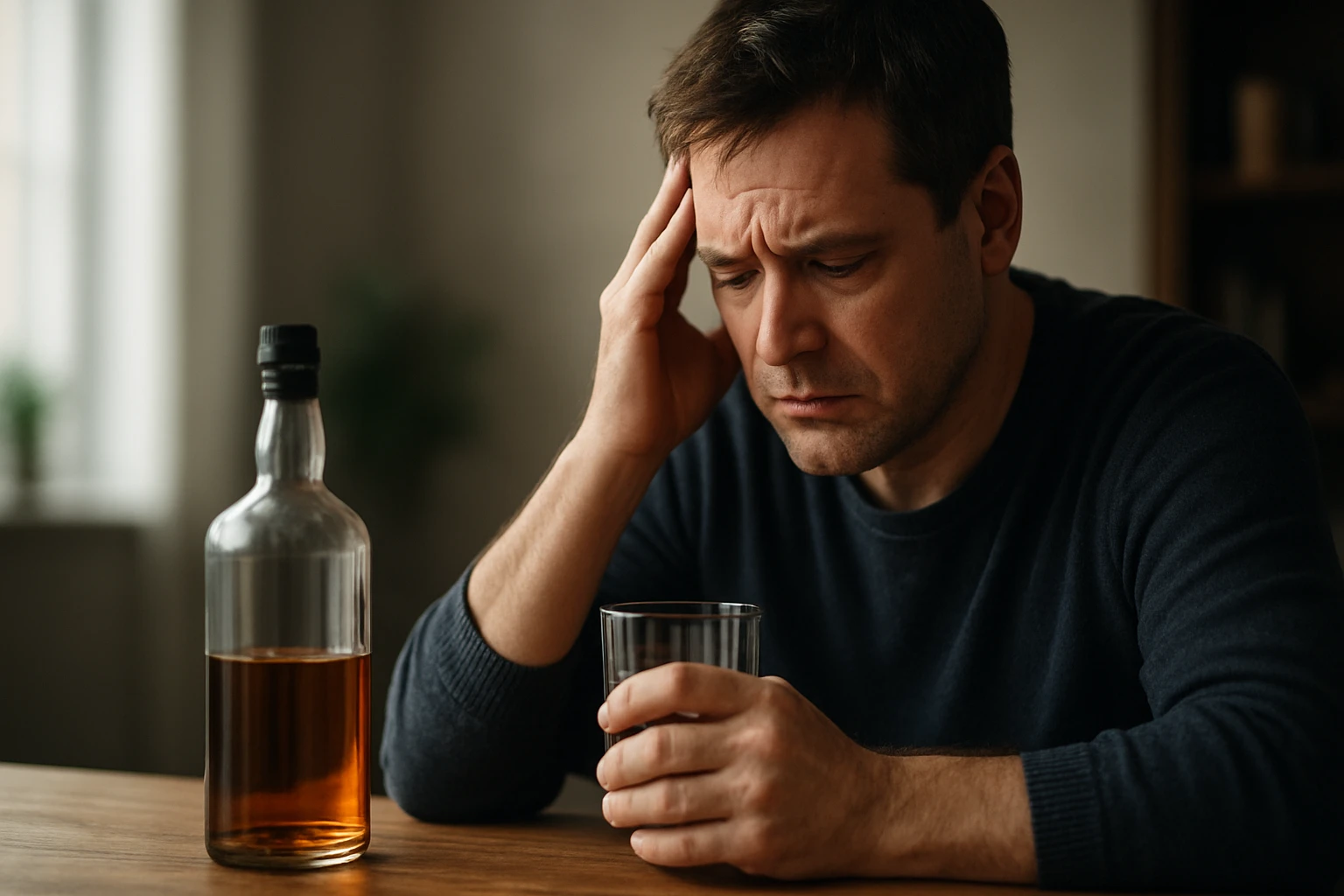 Egy szomorú férfi ül az asztalnál, kezében egy pohár ital, mellette egy üveg.